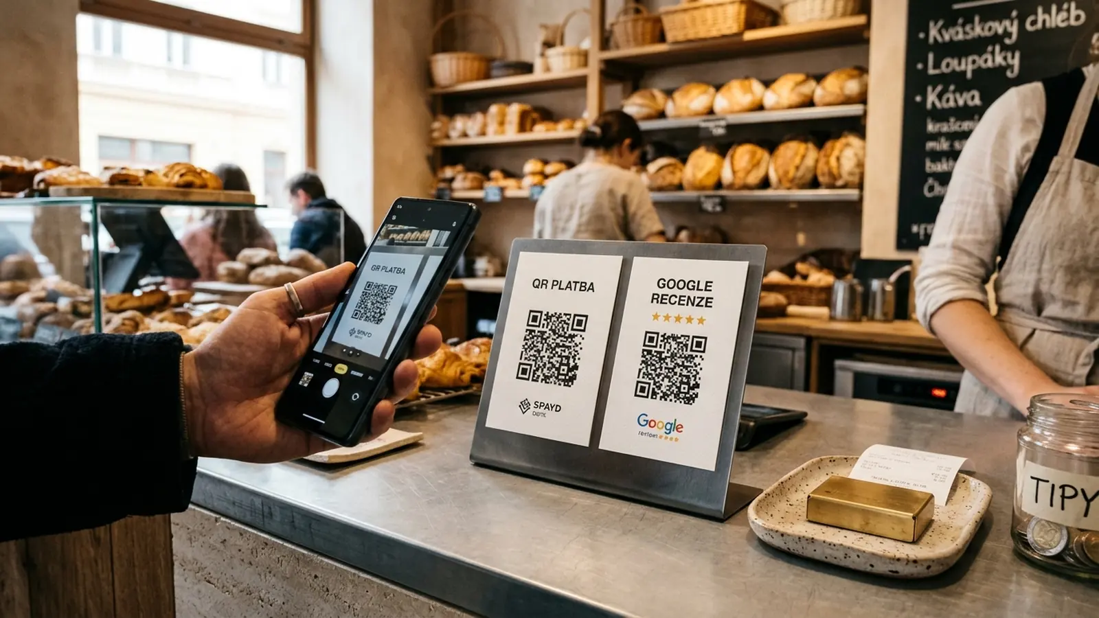 Pokladní stojánek A6 s českou QR platbou SPAYD 1.0 a Google recenzemi na pultu řemeslné pekárny